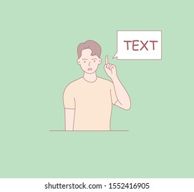 Man and woman holds a tablet with text. Shows on a board, plate, inscription, banner. Hand drawn illustration. Vector style for design and website, brochure, newspaper..