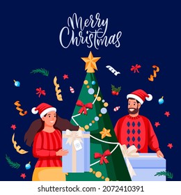 Man and woman in holiday costumes with gifts near Christmas tree. Happy family preparing to New Year celebration. Vector flat cartoon young couple characters illustration