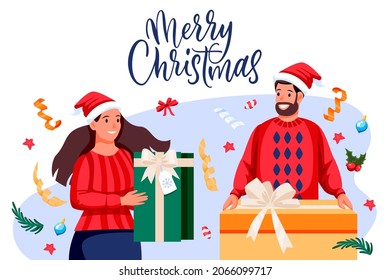 Man and woman in holiday costumes gives Christmas gifts to each other. Happy family preparing to New Year celebration. Vector flat cartoon young couple characters illustration