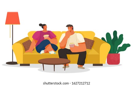 Man and woman at home eating popcorn and talking. Interior of house of young couple. Male and female sitting on comfortable couch, surrounded by plant, lamp and wooden table. Vector in flat style