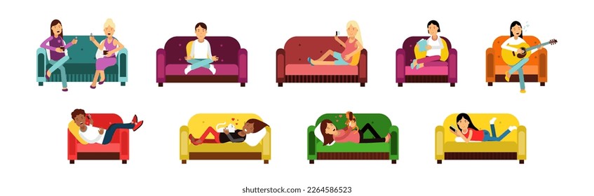 Man and Woman at Home Having Rest Relaxing on Sofa and Armchair Vector Set