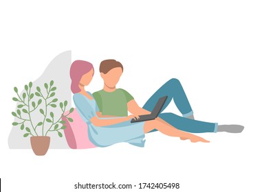 A man and a woman at home with a laptop. Work, training and entertainment at home.. Eps 10