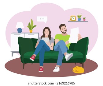 Man and woman at home sitting on the couch and reading. Flat design. Vector illustration