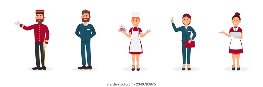 Man and Woman Hotel Staff with Maid, Doorman and Waitress Vector Set