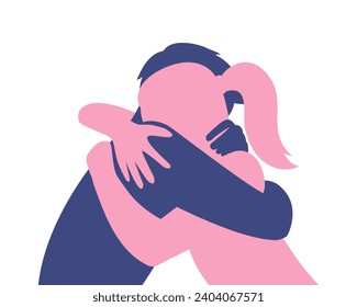 Man and woman hug. Couple in love. Young people comfort each other. Support, consolation, love, hug, friendship, family, close, together, relatives. Vector silhouette illustration