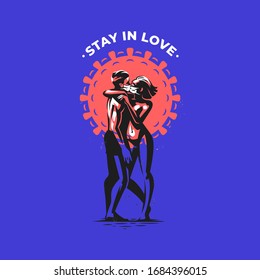 A man and a woman hug and kiss in protective masks, respirators. Against the background of coronavirus. Vector illustration.