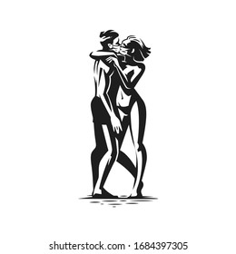 A man and a woman hug and kiss in protective masks, respirators. Against the background of coronavirus. Vector illustration.