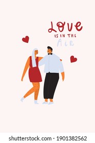 Man and woman hug and send kisses. Valentine s day card. Handwritten quote love in the air. Vector template for postcard, banner, print