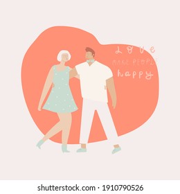 Man and woman hug and send kisses . Handwritten text  love make people happy . Vector template for postcard , banner , print