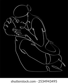 Man and woman hugging in continuous line drawing style. One person lends shoulder to another. Support and support. Hand drawn vector illustration