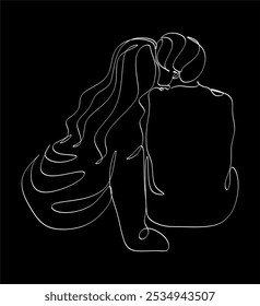 Man and woman hugging in continuous line drawing style. One person lends shoulder to another. Support and support. Hand drawn vector illustration
