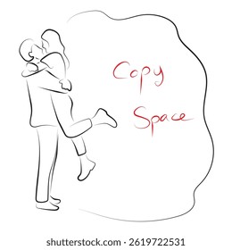 man and woman hugging with copy space illustration vector hand drawn with black lines isolated on white background