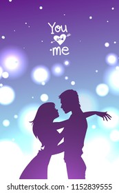 Man and woman hugging. Couple in love spending time together in front of a bokeh background. Vector illustration.