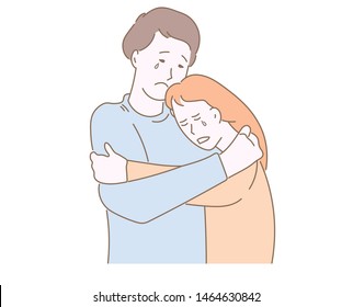 Man and woman hugging and crying expressing regrets to each other. Difficult relationship with trouble. Conflict with partner. Couple understanding each other. Flat cartoon vector illustration