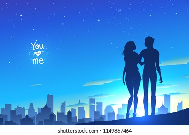 Man and woman hugging each other with a night city background. Couple in love spending time together outdoors. Bright blurry sky background. Vector illustration.