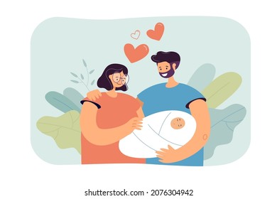 Man And Woman Hugging Each Other And Holding Newborn Child. Couple Looking At Baby In Hands With Loving Eyes Flat Vector Illustration. Family, Love Concept For Banner, Website Design, Landing Web Page