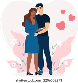 Man and woman hugging and holding positive pregnancy test. Happy future parents. Pregnancy concept. Poster. Flat vector illustration.