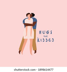 Man and woman hugging. Hugs and kisses handwritten text. Vector template for postcard, sticker, print