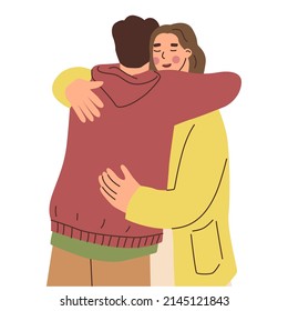 Man and woman are hugging. Hugs, love, relationship. A couple of lovers. Warm relations between people. Love for your neighbor. Vector illustration in flat style. Isolated elements.