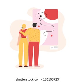 Man And Woman Hugging And Looking At Abstract Painting. Couple At Museum Of Modern Art. Vector Character Illustration Of Visitors Or Tourists At Excursion, Gallery Opening Event, Contemporary Artwork