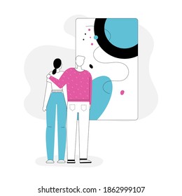 Man and woman hugging and looking at abstract painting. Couple visitors or tourists at Museum of Modern Art. Vector linear character illustration of exhibition of contemporary artwork at gallery