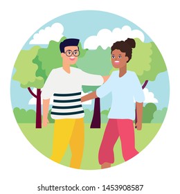 man and woman hugging in the park landscape vector illustration
