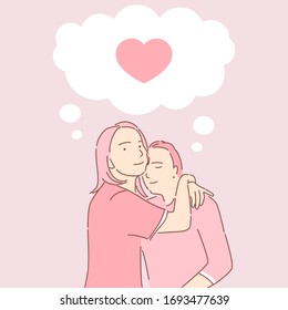 Man and woman hugging vector cartoon outline illustration isolated on pink background. Romantic young couple in love. Love story, Valentine day greeting card or dating app design template.