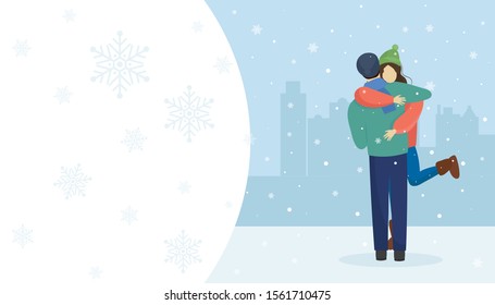 Man and woman hugging in winter background. Vector illustration in flat style. Can use for web banner, background, book, infographics, landing page