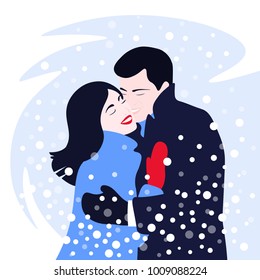 A man and a woman are hugging. Winter date under the snow. Love. Valentine's Day. Vector illustration