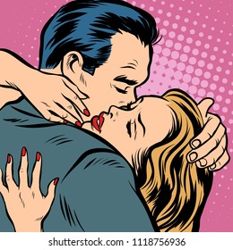 Man And Woman Hugs, Love And Romance. Comic Cartoon Pop Art Retro Vector Illustration Drawing