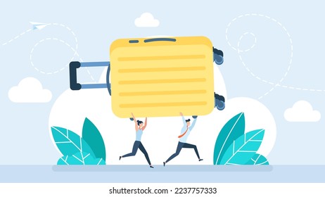 Hombre y mujer corriendo a volar en la terminal del aeropuerto. Feliz pareja corriendo con bolsas de viaje. Pareja corriendo cargando equipaje. Turistas corriendo de vacaciones, de viaje o de viaje. Ilustración vectorial. 