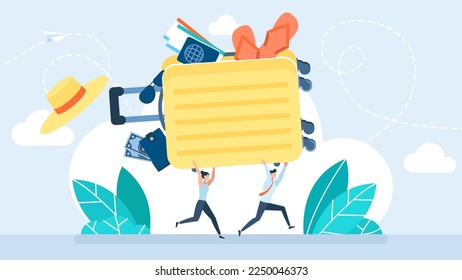 Man and woman hurrying to flight at airport terminal. Couple running with travel full bags. Couple running carrying baggage. Rushing tourists going on vacation, journey or trip. Vector illustration.