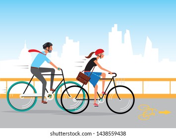 Man and woman hurrying up at work riding bicycles. People on the bikes in the big city. Vector illustration