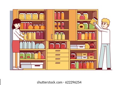 Man and woman, husband & wife doing housework in home pantry or cellar. Big cupboard full of jars, boxes, bottles & food preserves. Flat style cartoon vector illustration isolated on white background.