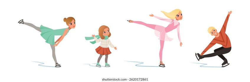 Man and Woman Ice Figure Skating Moving on Ice Rink Vector Set