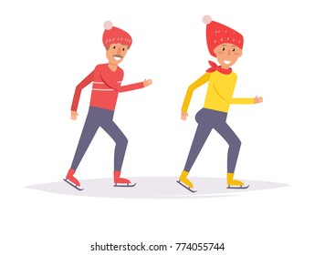 Man and woman ice skating. Vector. Cartoon. Isolated art on white background. Flat