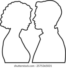 Man and woman icon black line, couple in love, boy and girl or husband and wife facing each other.