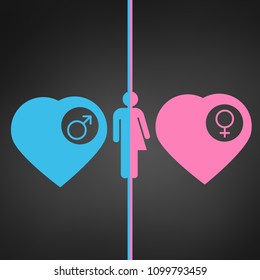 man and woman icon, blue and pink hearts with male and female sign in side circle. vector illustration