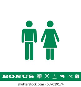 Man and woman icon flat. Green pictogram on white background. Vector illustration symbol and bonus button