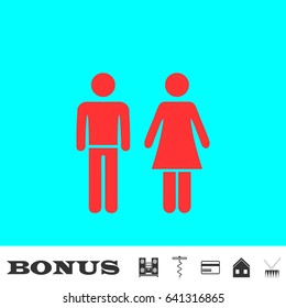 Man and woman icon flat. Red pictogram on blue background. Vector illustration symbol and bonus buttons Music center, corkscrew, credit card, house, drum