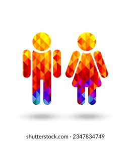 Man and woman icon makes of bright multicolored low poly triangles, contemporary design, vector illustration