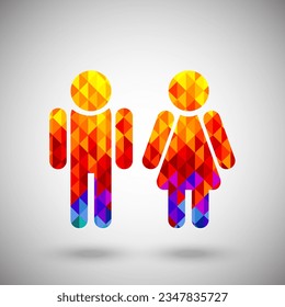 Man and woman icon makes of bright multicolored low poly triangles over gray background, contemporary design, vector illustration