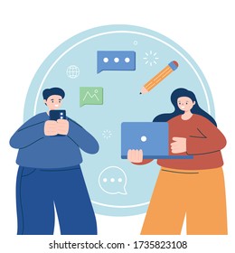 Man and woman with icon set design, Digital marketing and ecommerce theme Vector illustration