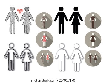 Man And Woman Icon Set. Half Of Icons Are- Hand Drawn