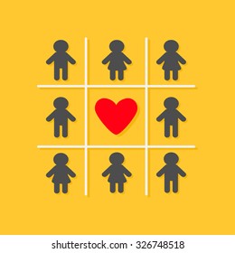 Man Woman icon Tic tac toe game. Red heart sign Yellow background Flat design Vector illustration