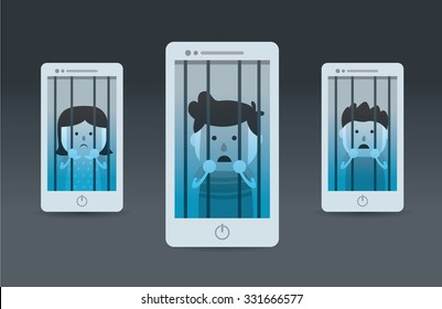 Man and woman imprisoned in smartphone. This illustration meaning to Smart phone addiction of people which self imprisoned in online social network.