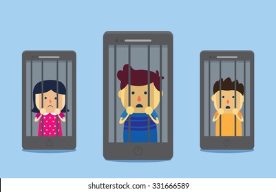 Homem e mulher presos no smartphone. Esta ilustração significado para o vício do telefone inteligente de pessoas que auto aprisionado na rede social online.