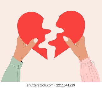 Man and woman insert small pieces of puzle into heart shaped puzzle. Concept of understanding. Young couple builds their realtionships. Concept. Vector flat cartoon illustration. Valentines day poster