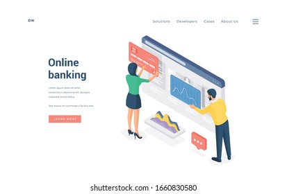 Man and woman inserting credit card credentials and analyzing data on vector banner of website advertising online banking service