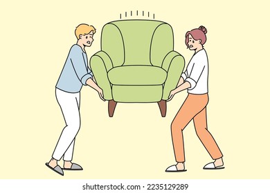 Man, woman install heavy armchair after moving to new apartment. Family members rearranges furniture in house. Wife, husband changing place of arm chair. Vector contour line colorful illustration.